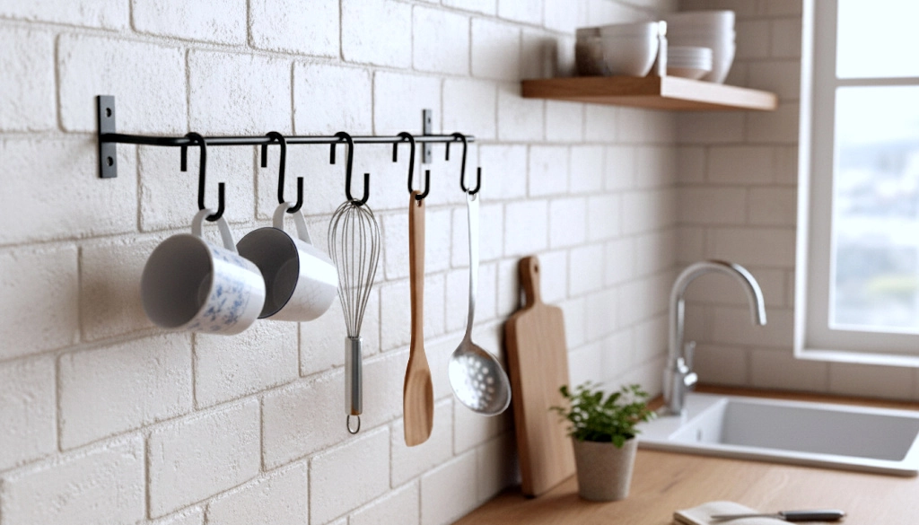 Barra De Utensílios Para Cozinha Suporte Com 5 Ganchos Móveis