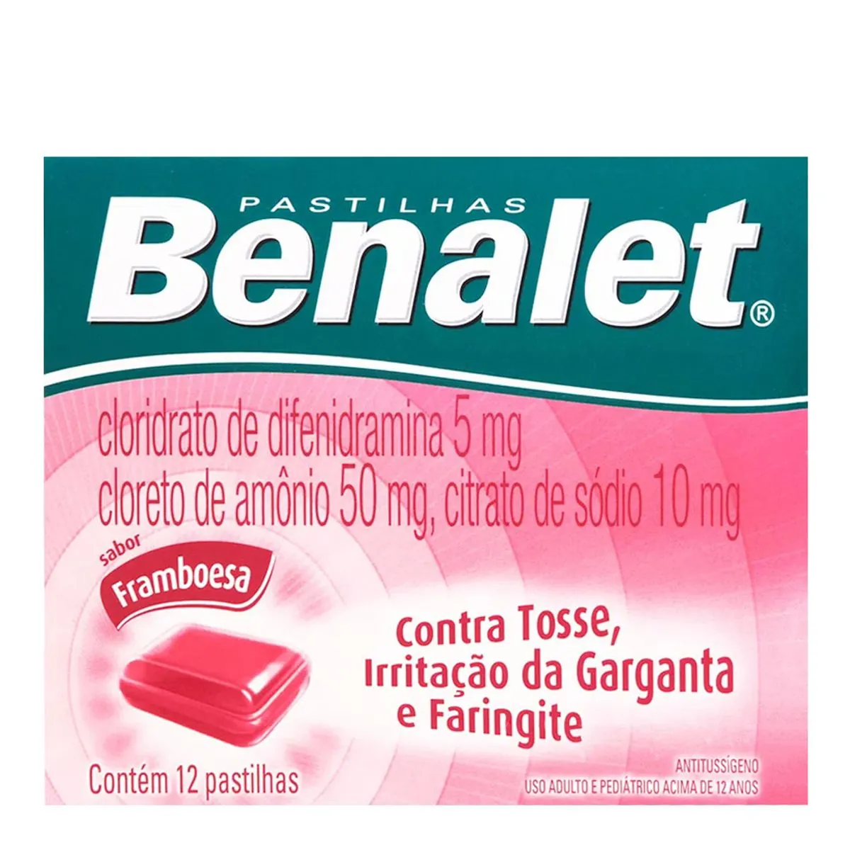 Antialérgico, Expectorante e Descongestionante Benalet 5mg + 50mg + 10mg 12 Pastilhas Framboesa