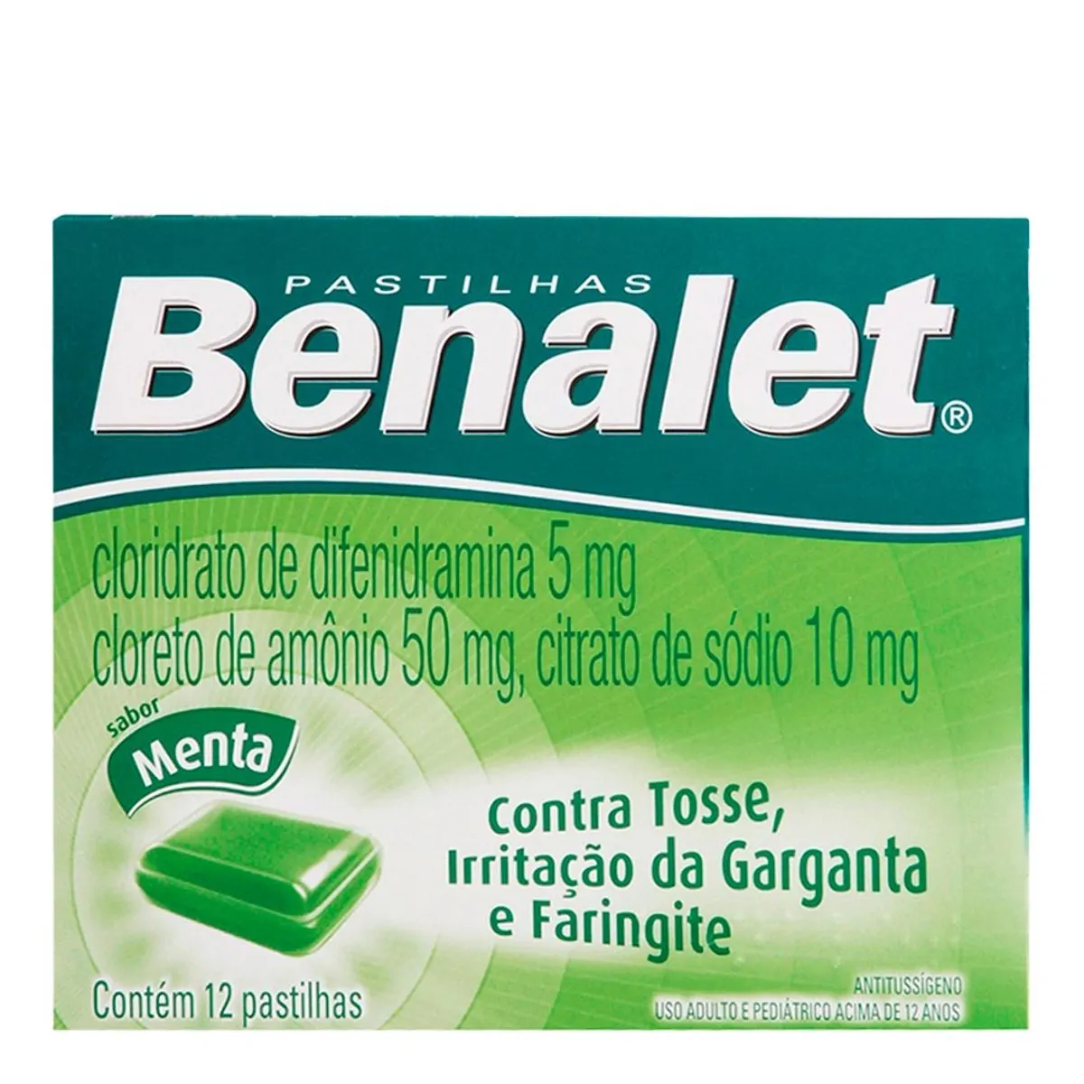 Antialérgico, Expectorante e Descongestionante Benalet 5mg + 50mg + 10mg 12 Pastilhas Menta