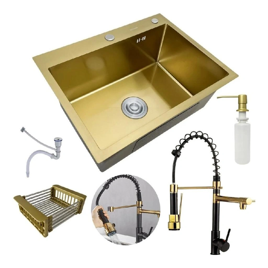 Cuba Gourmet Completa Com Acessórios Pia Inox Dourada + Torneira 2 Saídas Monocomando Preta Dourada Aço Inox Brinovar