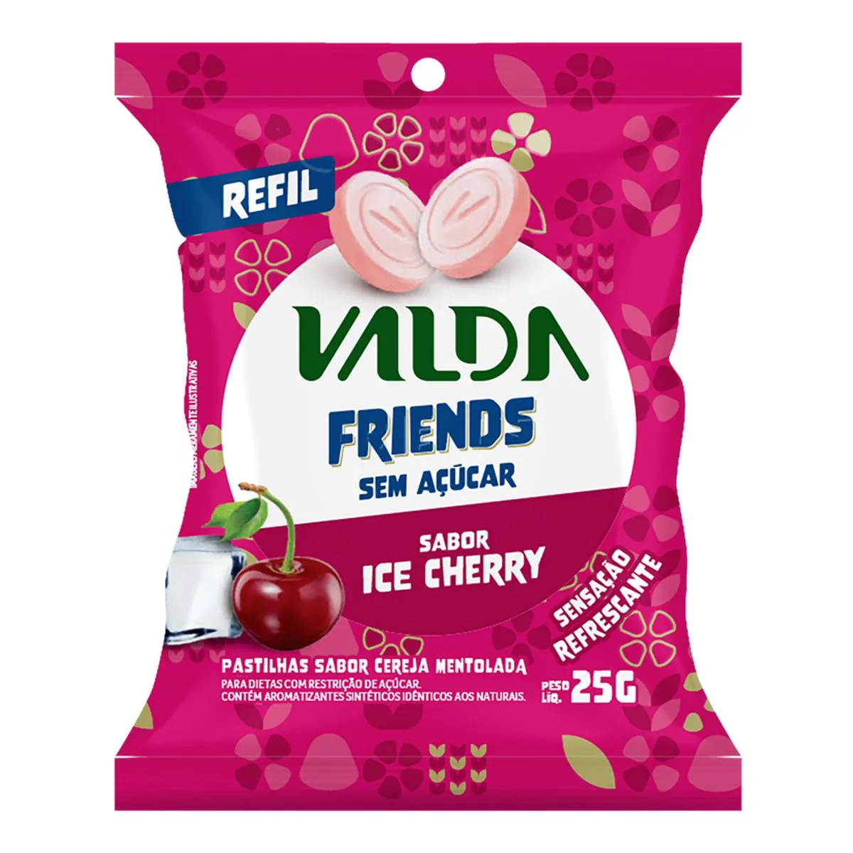 Pastilha Ice Cherry Zero Açúcar Valda Friends Pacote 25g Refil