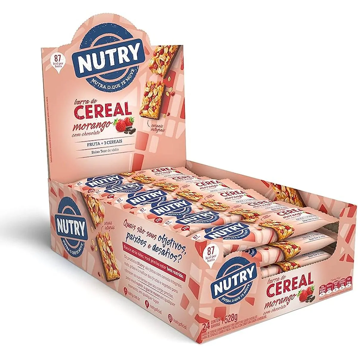 Barra De Cereal Morango Cobertura Chocolate Nutry Caixa 528g 24 Unidades