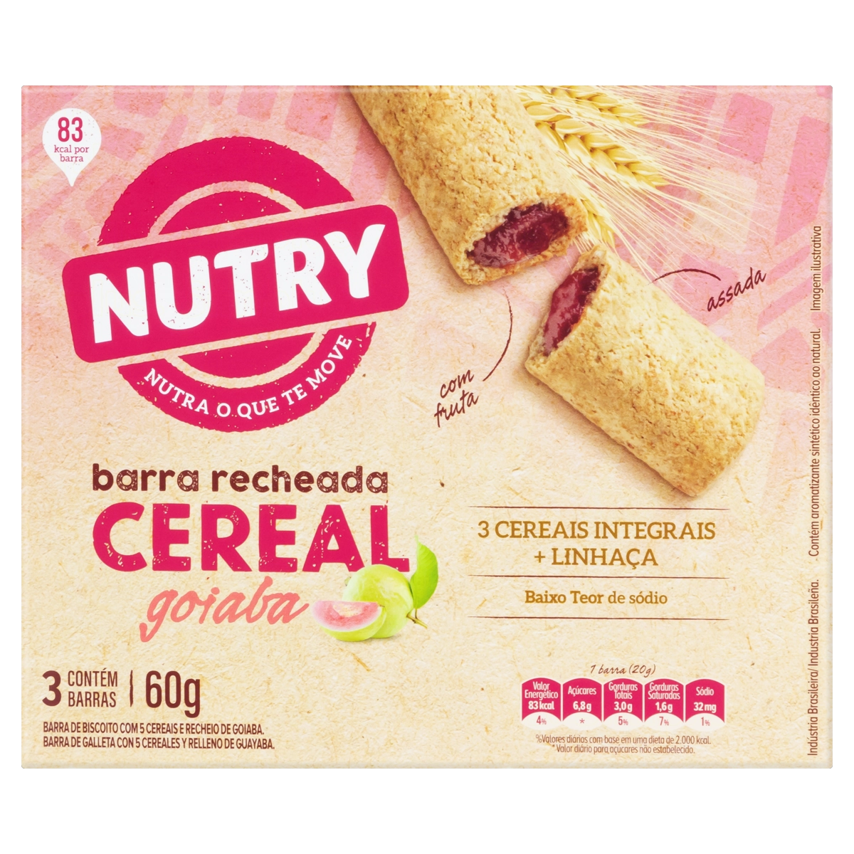 Pack Barra De Biscoito Recheio Goiaba Nutry Caixa 60g 3 Unidades