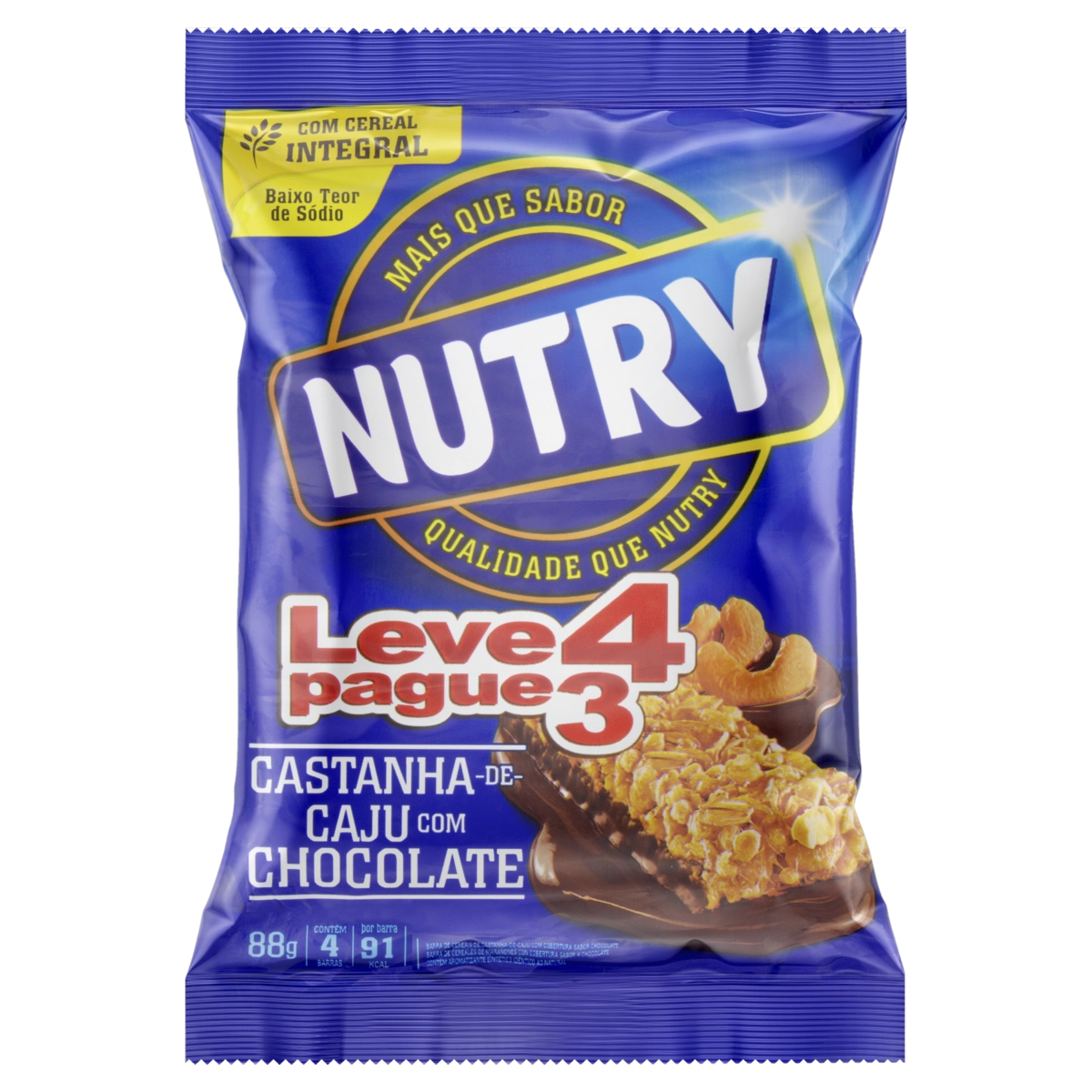 Pack Barra De Cereal Castanha De Caju Cobertura Chocolate Nutry Pacote 88g Leve 4 Pague 3 Unidades