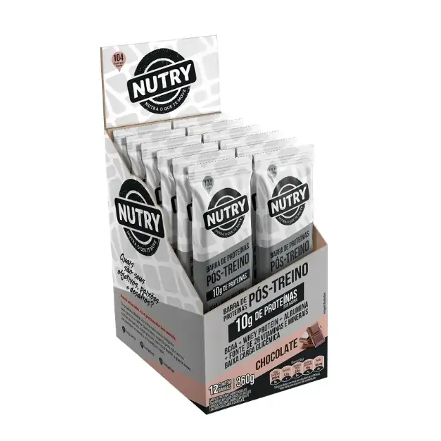 Barra De Proteína Chocolate Cobertura Chocolate Ao Leite Nutry Pós Treino Caixa 360g 12 Unidades