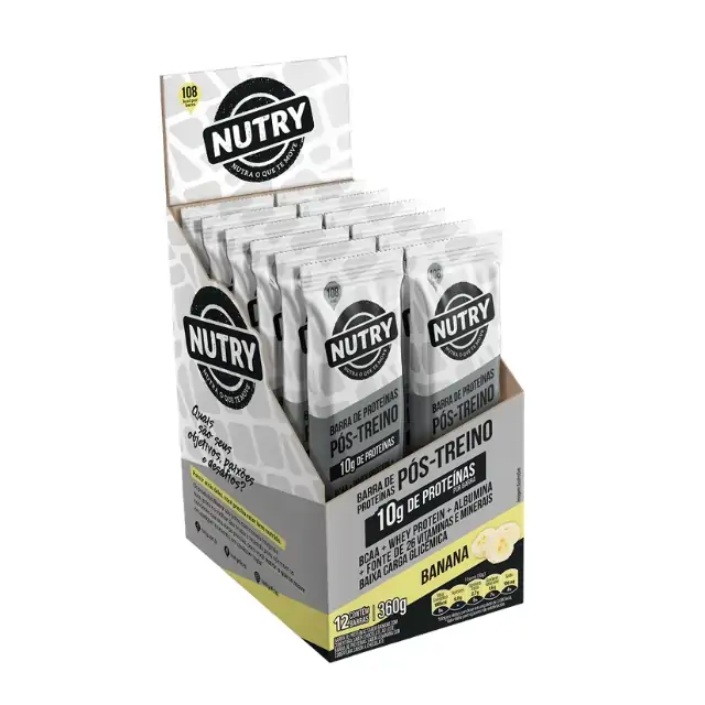 Barra De Proteína Banana Cobertura Chocolate Ao Leite Nutry Pós Treino Caixa 360g 12 Unidades