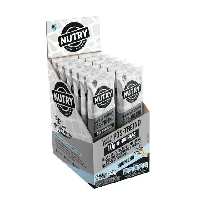 Barra De Proteína Baunilha Cobertura Chocolate Branco Nutry Pós Treino Caixa 360g 12 Unidades