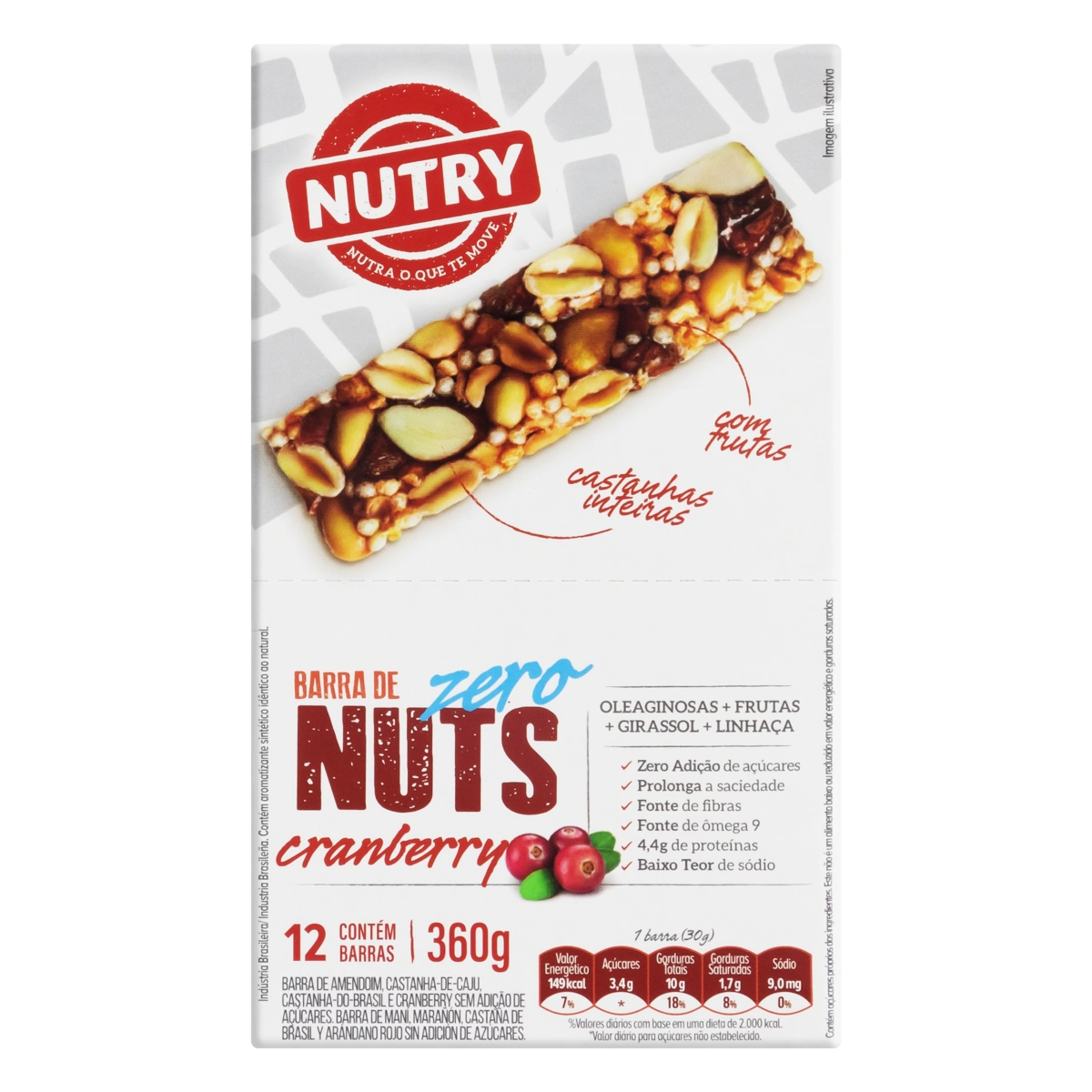 Barra De Nuts Cranberry Nutry Caixa 360g 12 Unidades