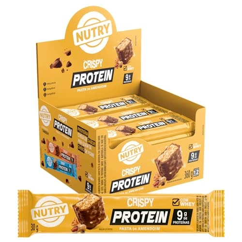 Barra De Proteína Pasta De Amendoim Cobertura Chocolate Ao Leite Nutry Crispy Protein Bar Caixa 360g