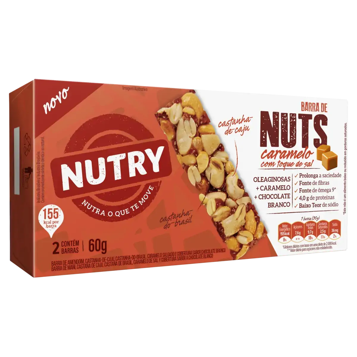 Pack Barra De Nuts Caramelo Com Toque De Sal Cobertura Chocolate Branco Nutry Caixa 60g 2 Unidades
