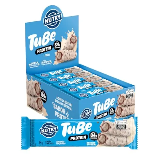 Wafer Cookies Cream Cobertura Chocolate Branco Nutry Tube Protein Caixa 456g 12 Unidades