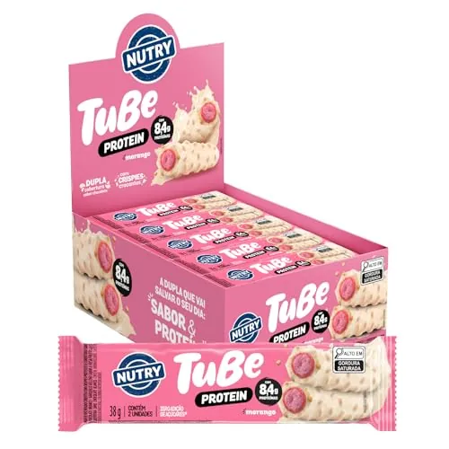 Wafer Morango Cobertura Chocolate Branco Nutry Tube Protein Caixa 456g 12 Unidades