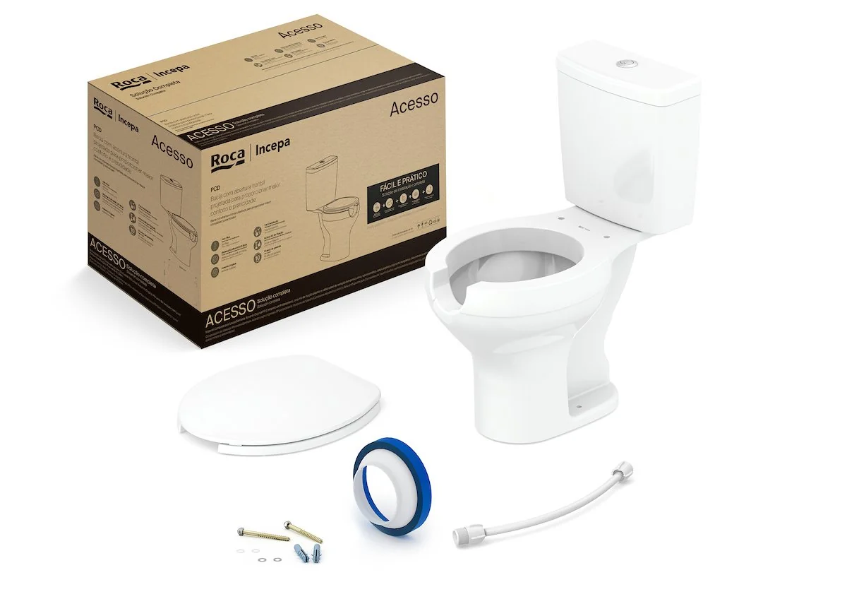 Kit De Bacia Com Caixa Assento Pp Com Abertura Frontal E Complementos De Instalação Acesso Roca I In Branco Brilhante