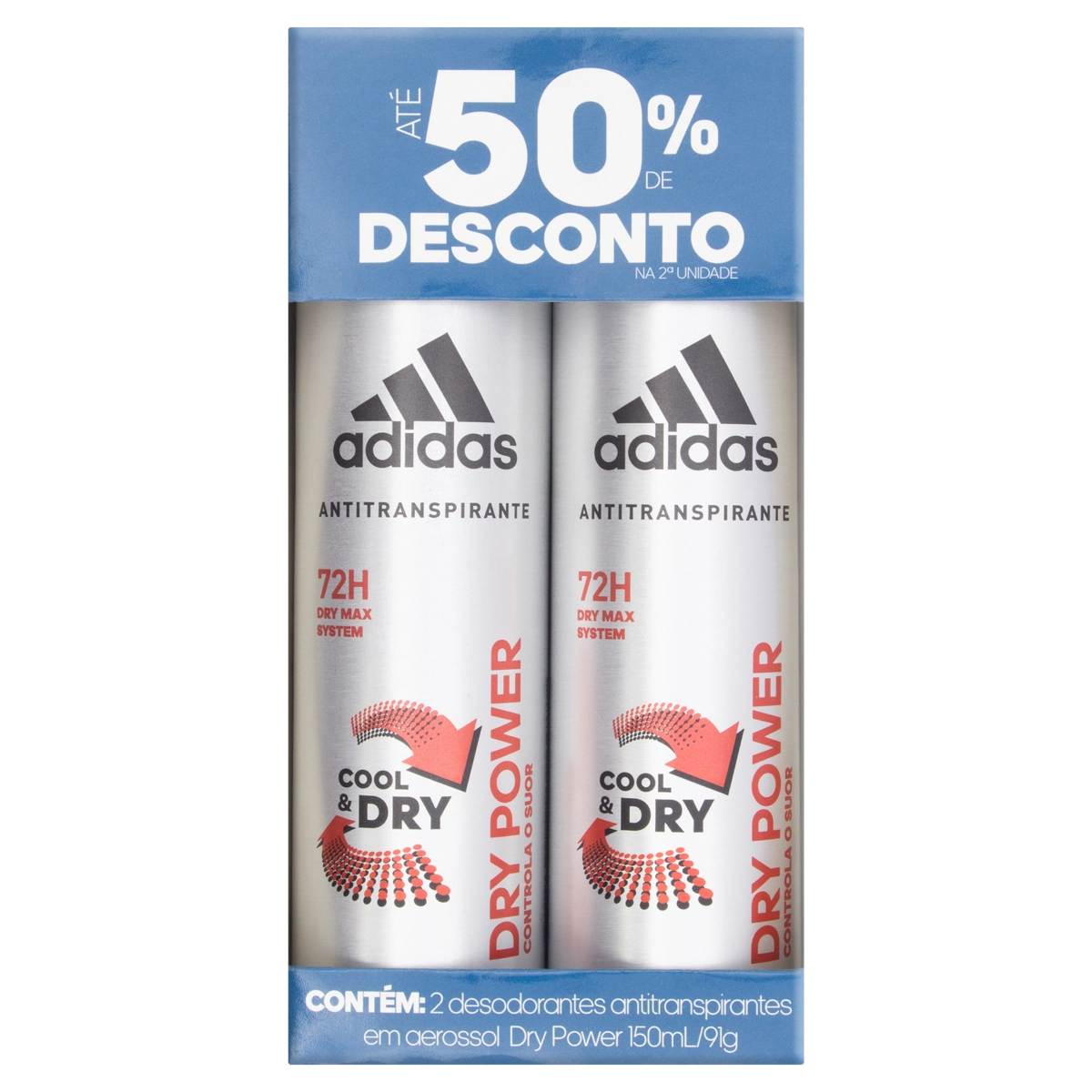 Pack Antitranspirante Aerossol Dry Power Adidas Cool Dry 2 Unidades 150ml Cada Grátis Até 50 De Desc