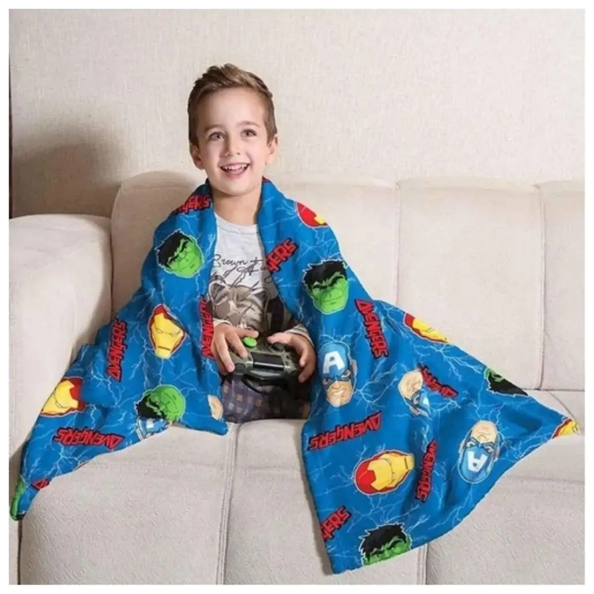 Manta Fleece Infantil Avengers - Hulk, Capitão América, Homem de Ferro