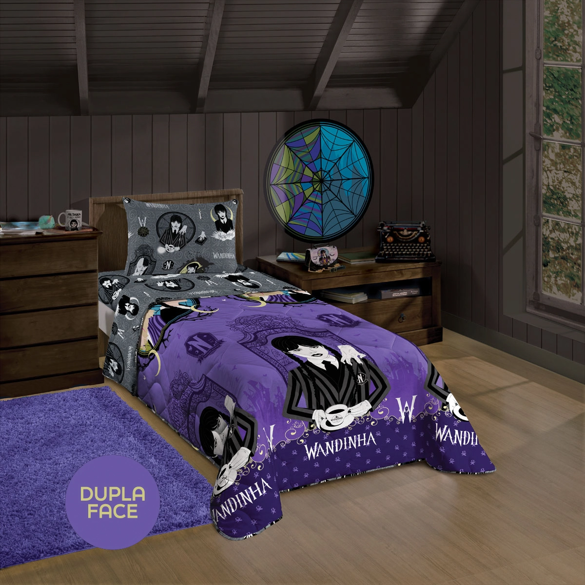Edredom Dupla Face Microfibra Solteiro Estampado Estampado Wandinha 1,40 M X 2,10 M Com 1 Peca S/ Em