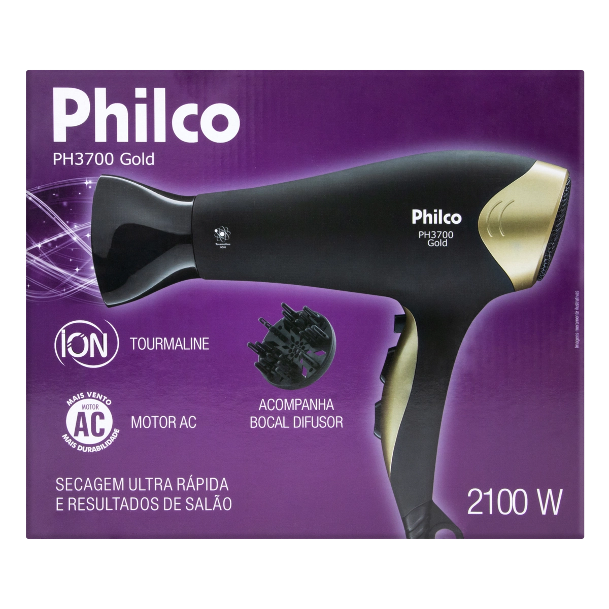 Secador de Cabelo PHILCO Preto e Dourado 2000W PH3700 220V