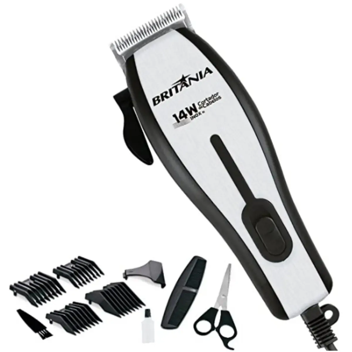 Máquina de Cortar Cabelos BRITÂNIA 14W 4 Pentes Preto e Prata 110V