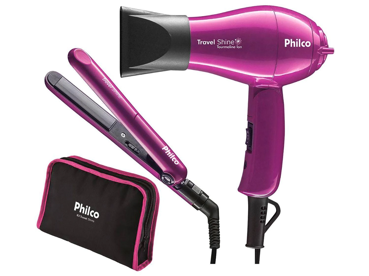 Kit Prancha + Secador Philco Travel Shine, Rosa - Bivolt