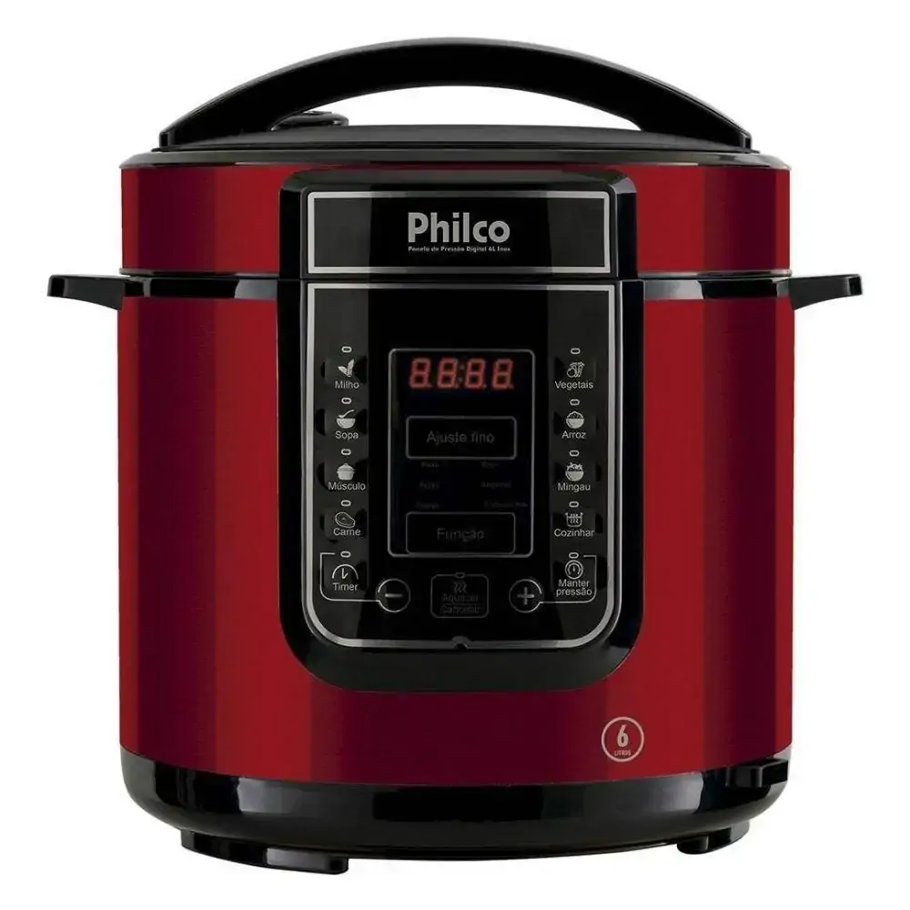 Panela de Pressão Elétrica Inox Philco 6 Litros - Painel Digital com Timer e 14 Funções - 1000W - Vermelho - PPPV01 - 220V