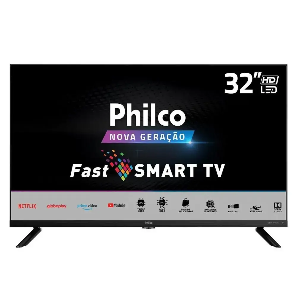 Smart TV LED 32 HD Philco Processador Quad Core GPU Triple Core Dolby Audio Mídia Cast Wi-Fi HDMI
