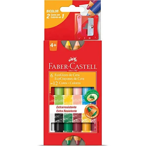 Giz De Cera 12 Cores Bicolor Corpo Em Madeira Apontador Pct 6 Un. Faber Castell