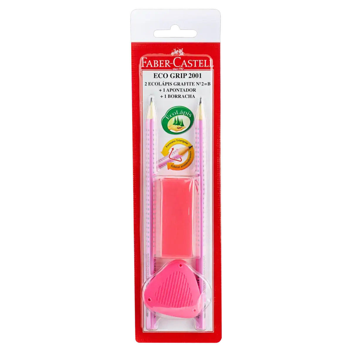 Kit 1 Borracha 1 Apontador 2 Ecolápis Grafite B N 2 Triangular Rosa Faber Castell Eco Grip 2001