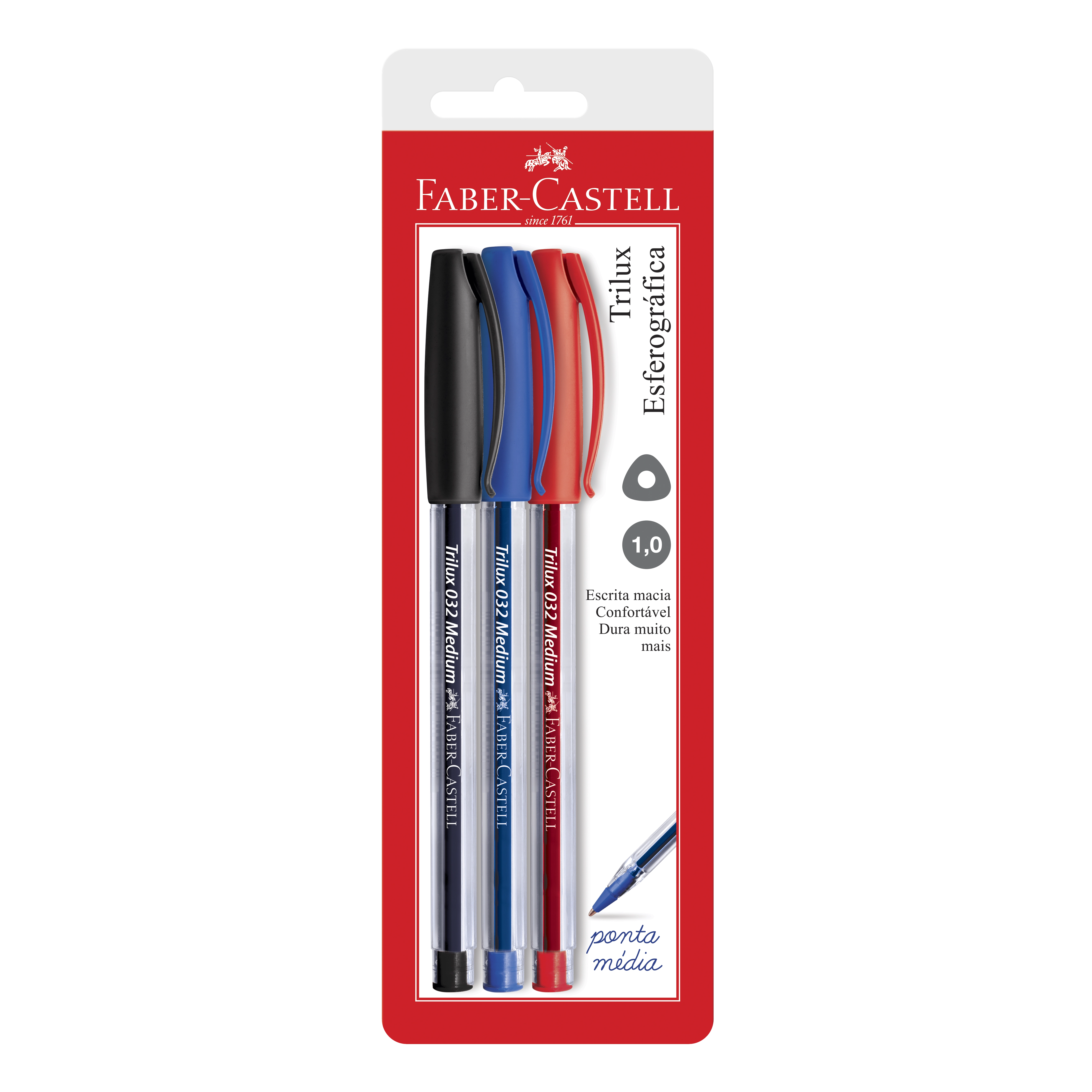 Caneta Esferográfica 1,0mm Ponta Média Trilux Faber Castell 3 Unidades