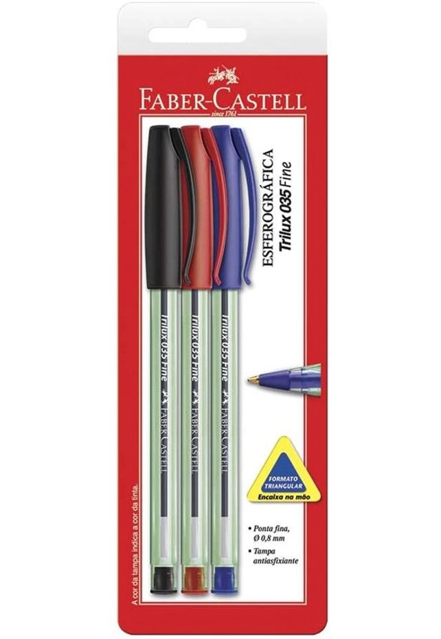 Caneta Esferográfica 0,8mm Ponta Fina Trilux 035 Fine Faber Castell 3 Unidades