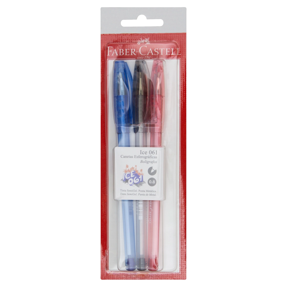 Caneta Esferográfica 0,8mm Ponta Metálica Faber Castell Ice 061 3 Unidades