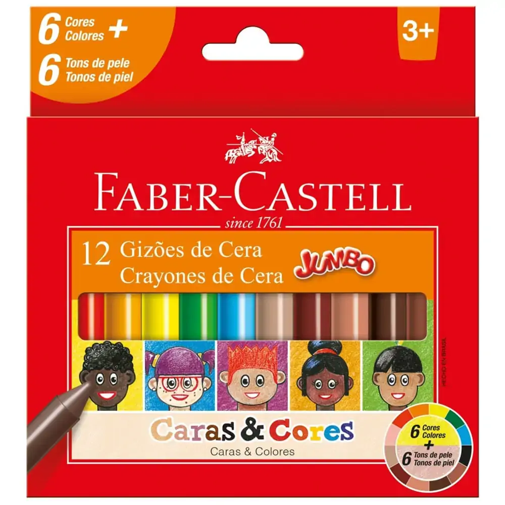 Giz De Cera Jumbo Faber Castell Caras Cores 12 Unidades