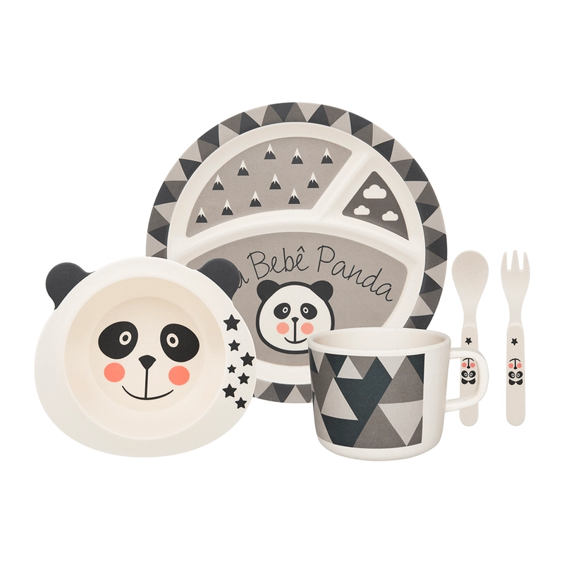 Conjunto Refeição Infantil Panda com 5 Peças Cinza - Oxford