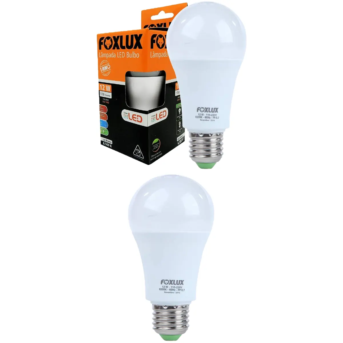 Kit 2 Lâmpada Led Bulbo Foxlux E-27 12w 6500k Bivolt