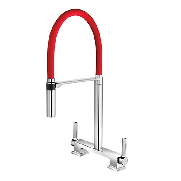 Torneira Misturador Gourmet de Pia para Cozinha com Bica Alta Flexível Cromada e Vermelho DOC Docol