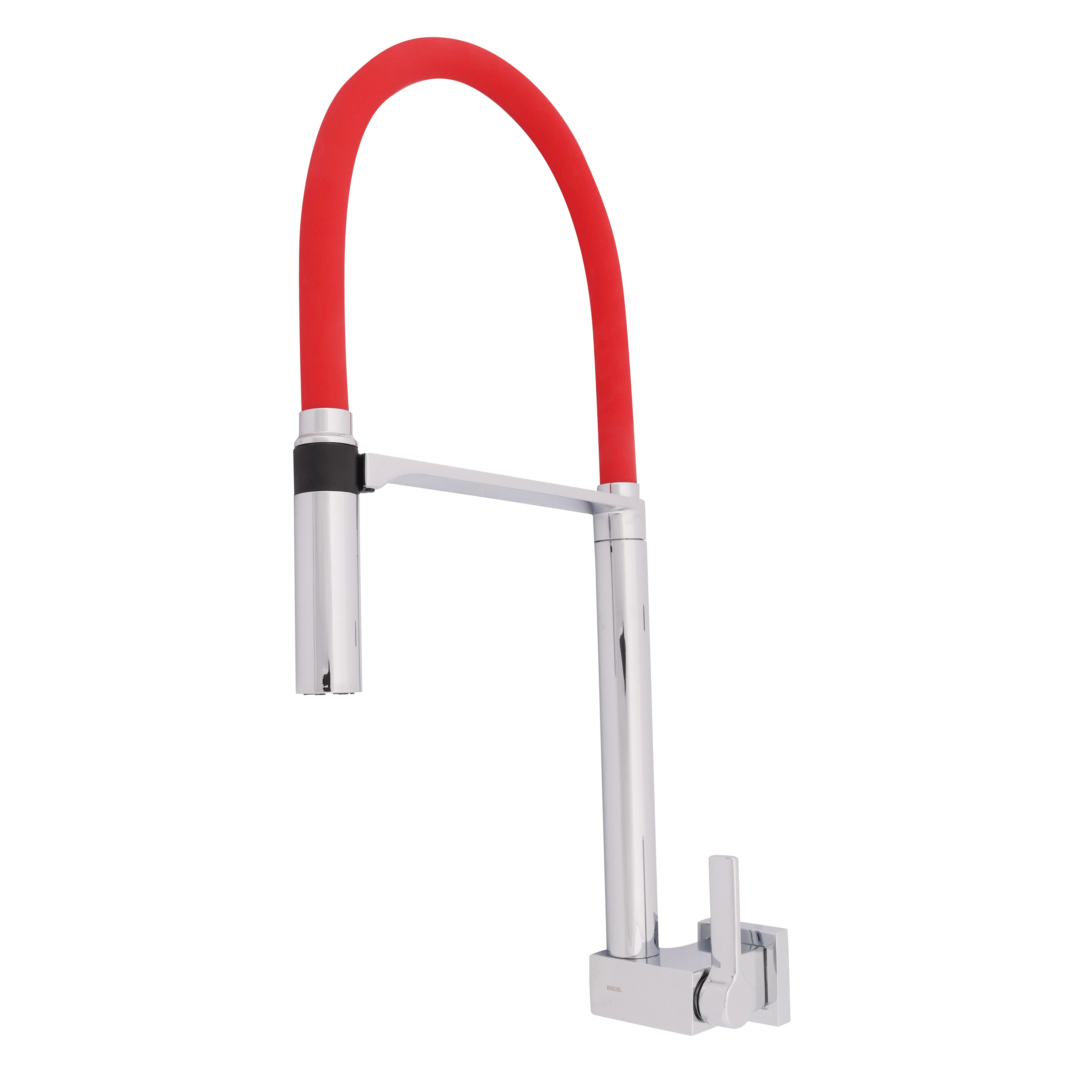 Torneira Gourmet de Parede para Cozinha com Bica Alta Flexível Cromada e Vermelho DOC Docol