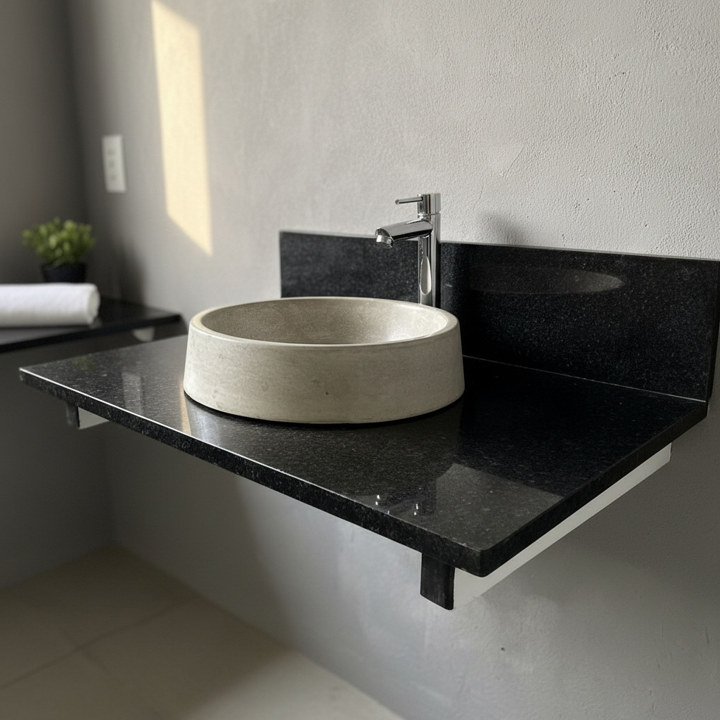 Pia Banheiro Granito Preto C/ Cuba Apoio Cimento + Torneira
