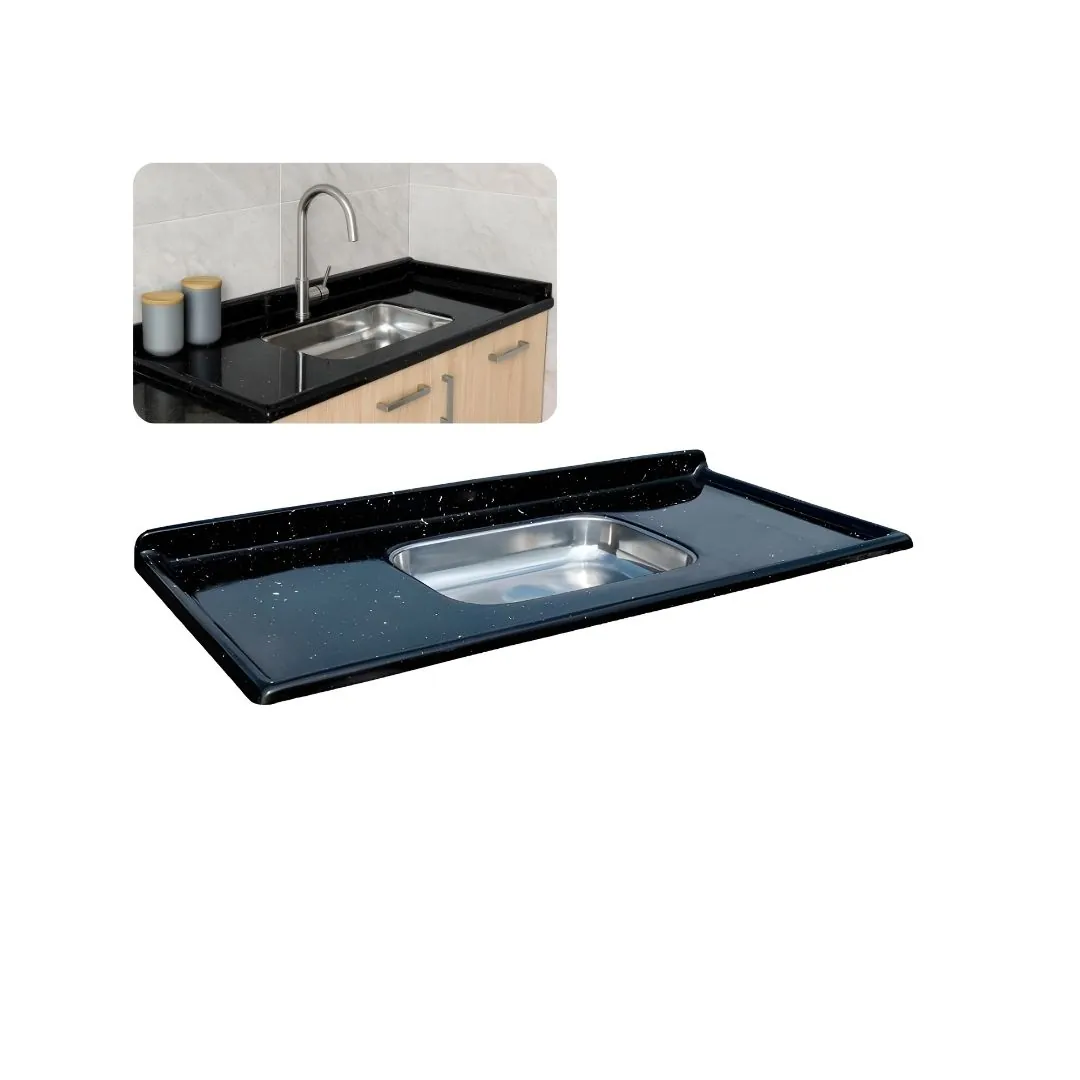 Pia De Cozinha Mármore Sintético Bege 150cm Com Cuba Inox N2 Preto