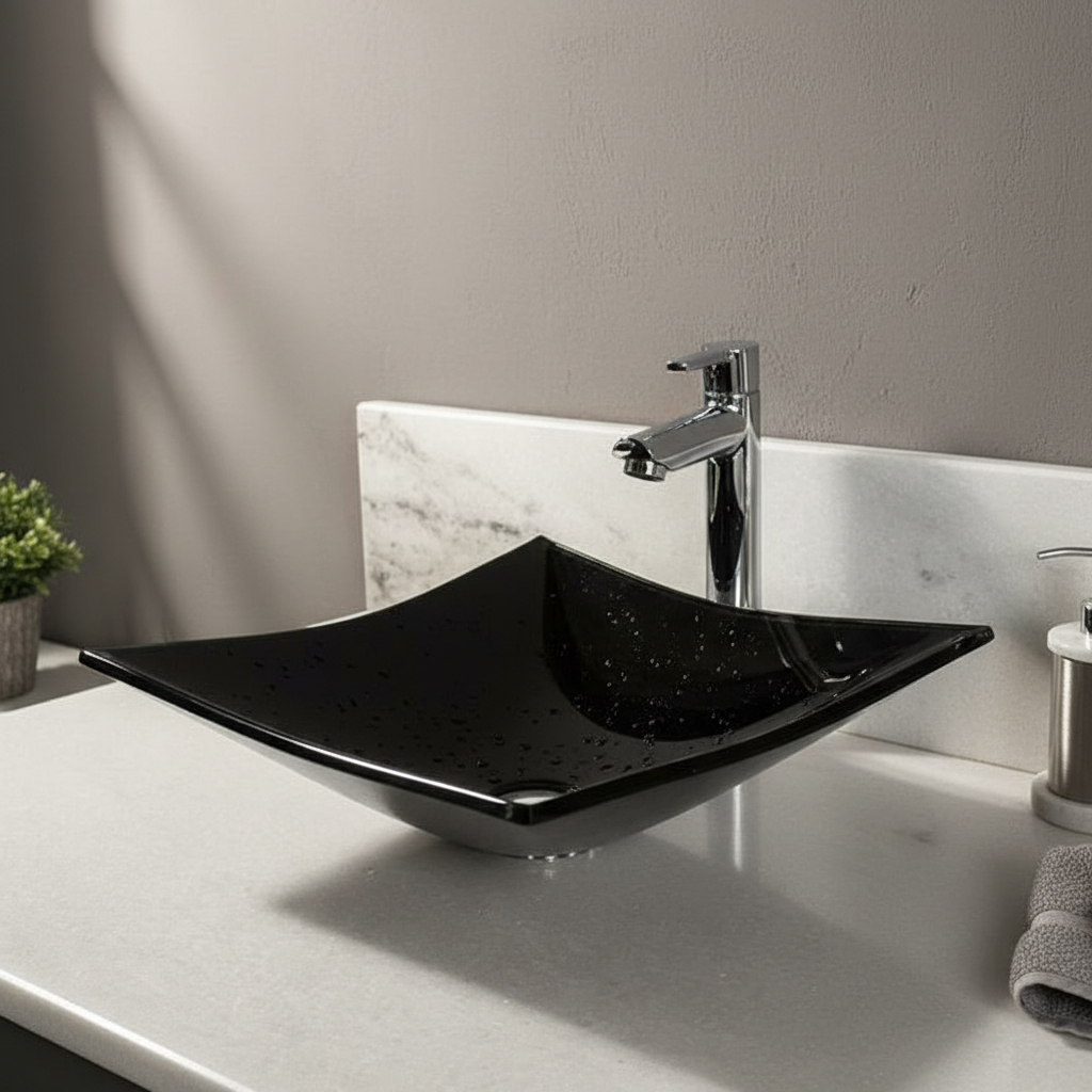 Pia Banheiro Marmore Branco C/ Cuba Vidro Preto  E Torneira