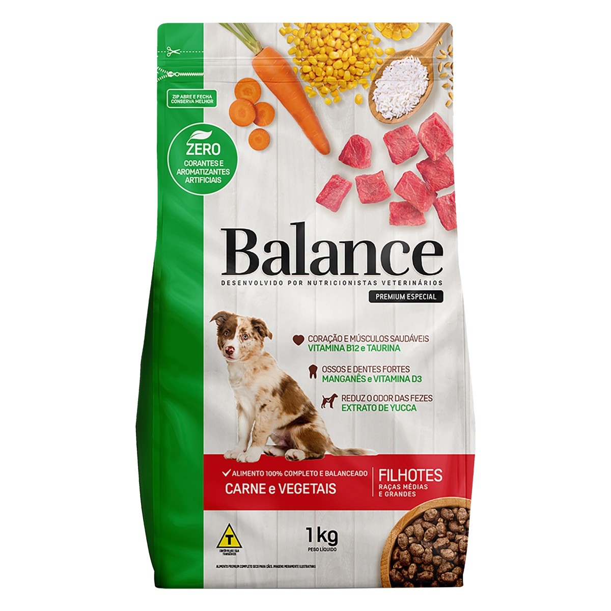 Alimento para Cães Filhotes Raças Médias e Grandes Carne e Vegetais Balance Premium Especial Pouch 1kg