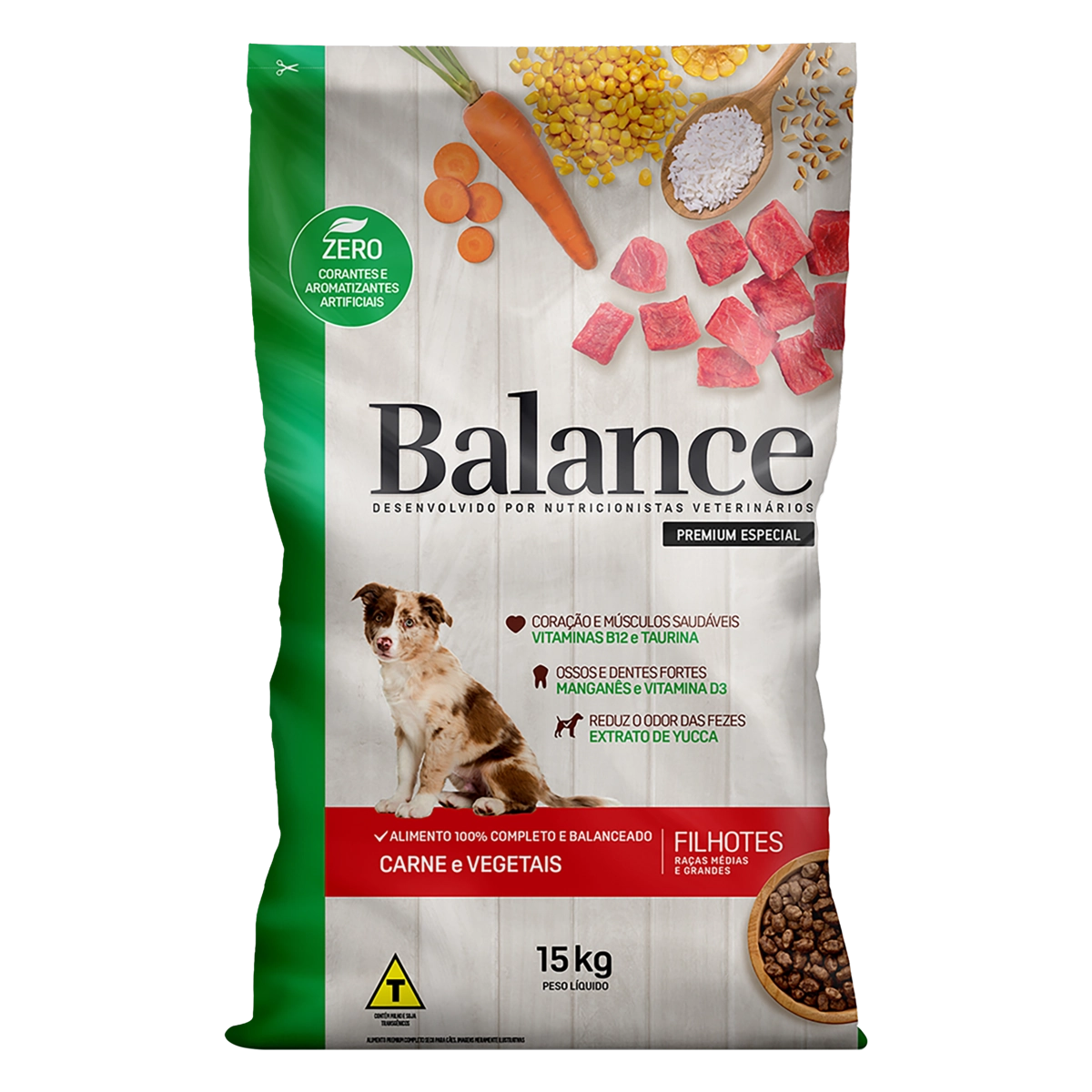 Alimento Para Cães Filhotes Raças Médias E Grandes Carne E Vegetais Balance Pacote 15kg