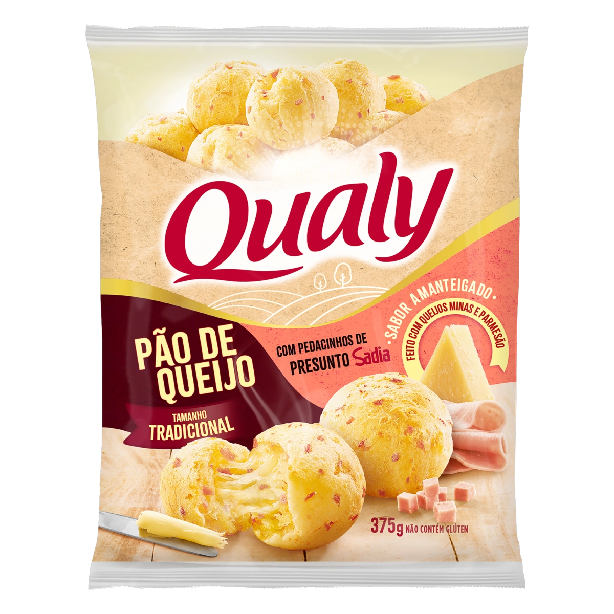 Pão de Queijo Congelado Amanteigado com Presunto Qualy Pacote 375g