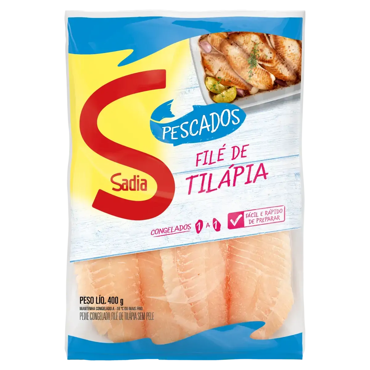 Filé De Tilápia Congelado Sem Pele Sadia Pescados Pacote 400g