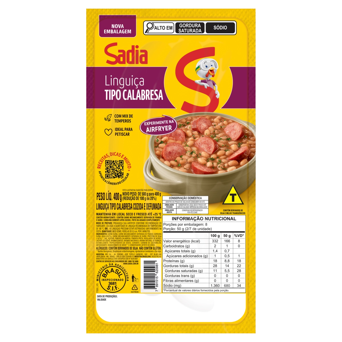 Linguiça Calabresa Cozida E Defumada Sadia 400g
