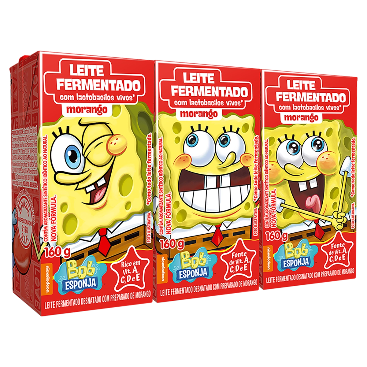 Pack Leite Fermentado Desnatado Morango Bob Esponja Batavo Caixa 3 Unidades 160g Cada
