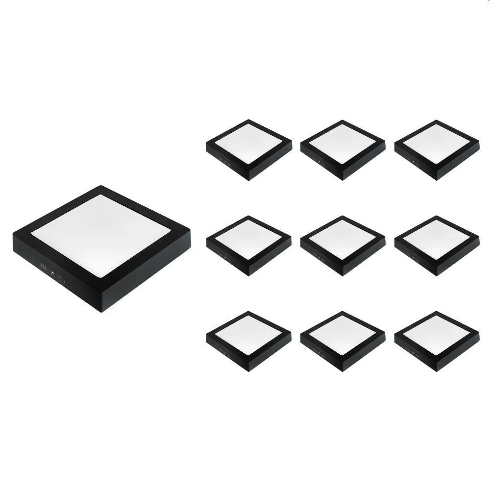 10 Painel De Led Taschibra Quadrado Lux De Sobrepor 18w Bivolt Preto 3000k Luz Amarela