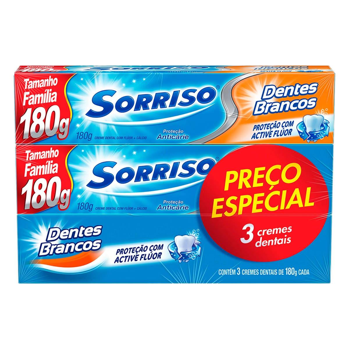 Pack Creme Dental Sorriso Dentes Brancos Caixa 3 Unidades 180g Cada Tamanho Família
