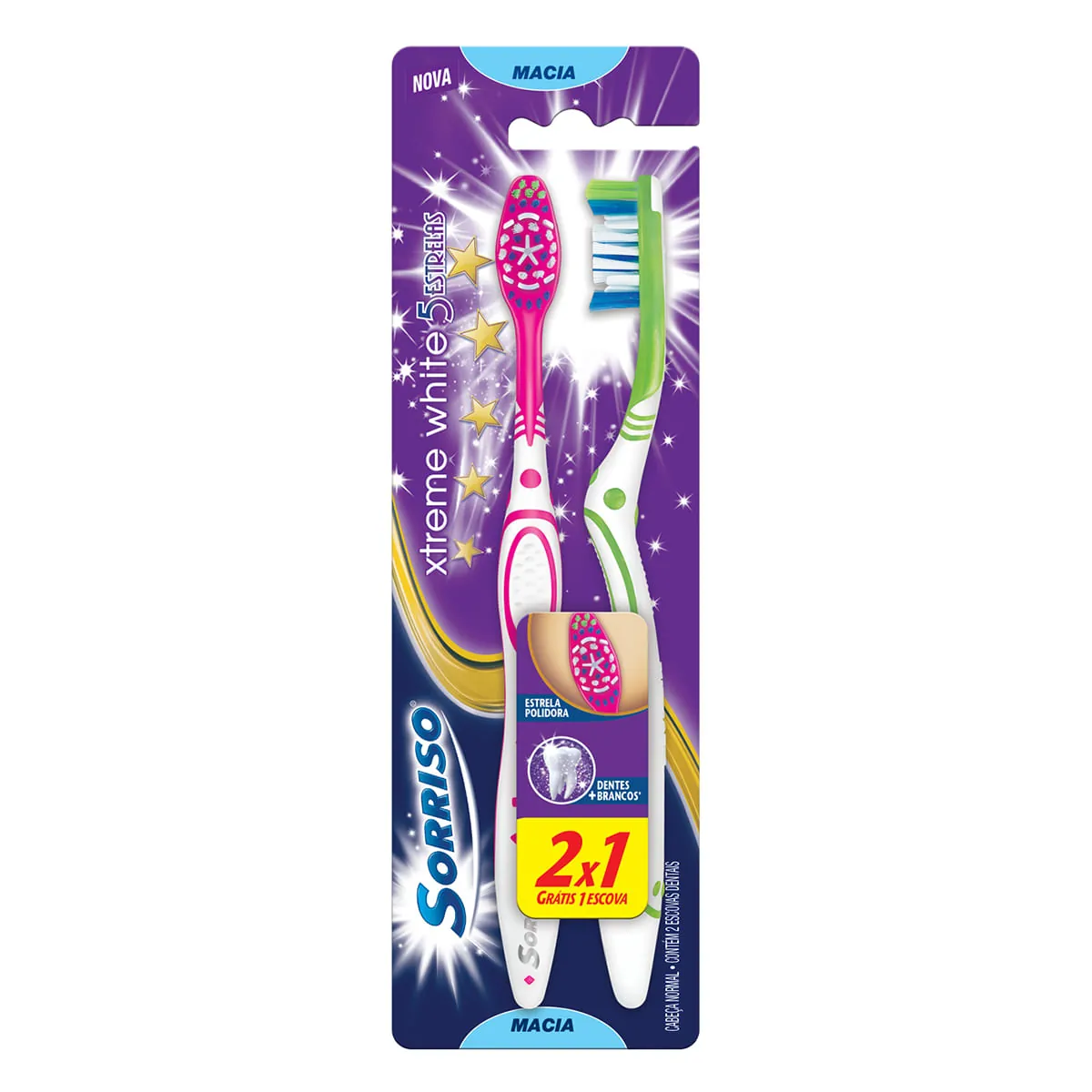 Escova Dental Sorriso Xtreme White 5 Estrelas Rosa e Verde com 2 Unidades