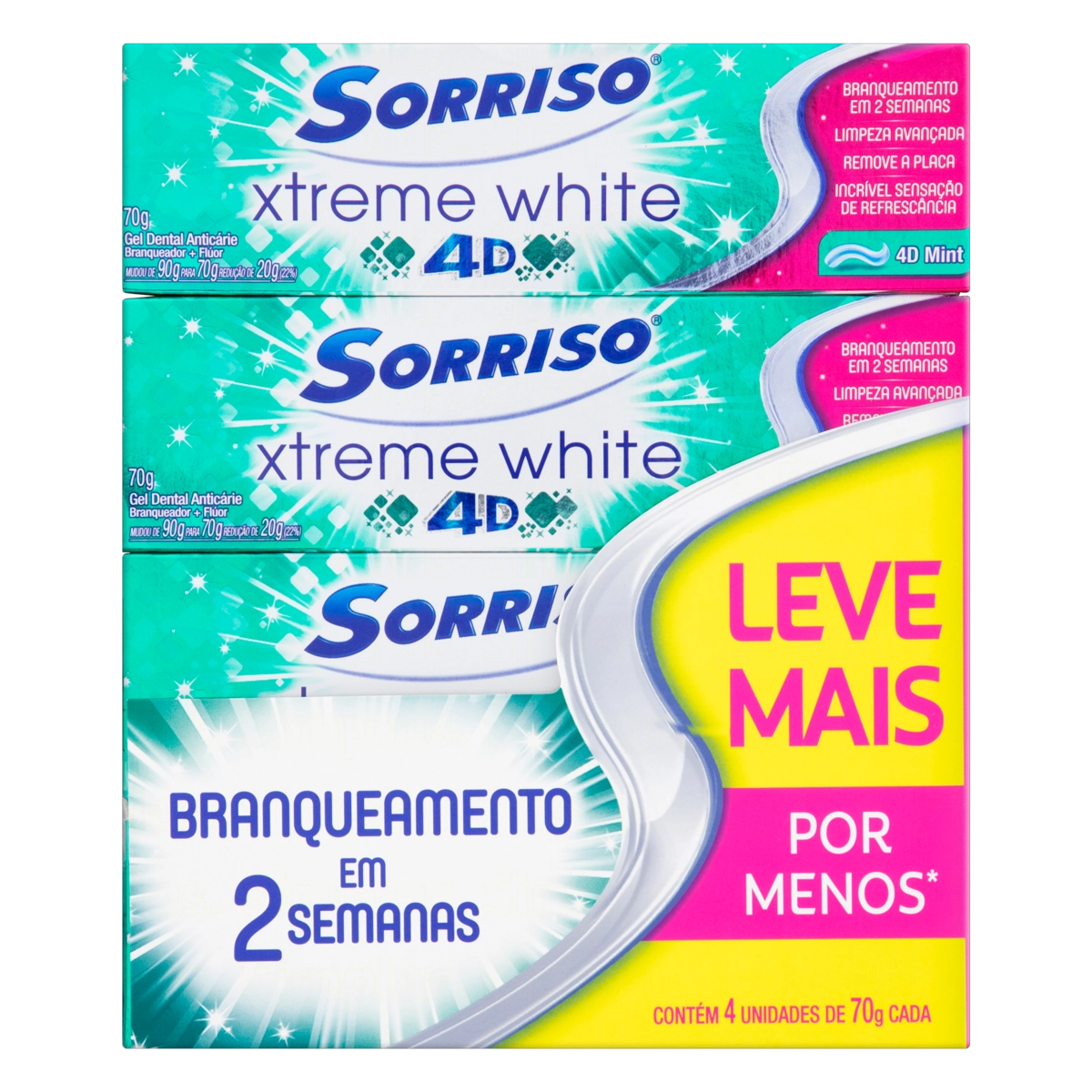 Pack Gel Dental Branqueador Mint Sorriso Xtreme White 4d Caixa 4 Unidades 70g Cada Leve Mais Pague M