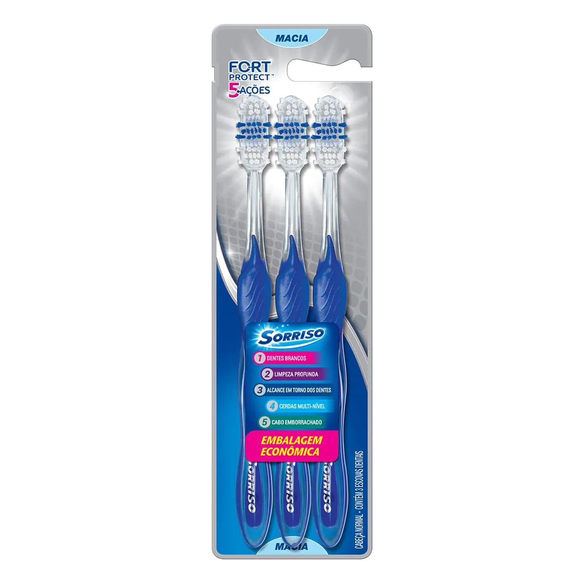 Escova Dental Macia Sorriso Fort Protect 5 Ações 3 Unidades