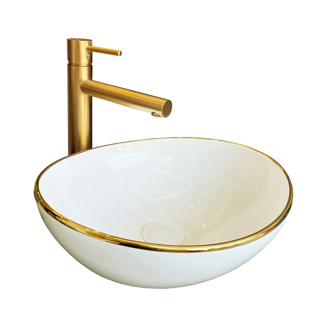 Cuba para Banheiro Cerâmica Branca e Dourada Oval 41cm Reno RC 8006